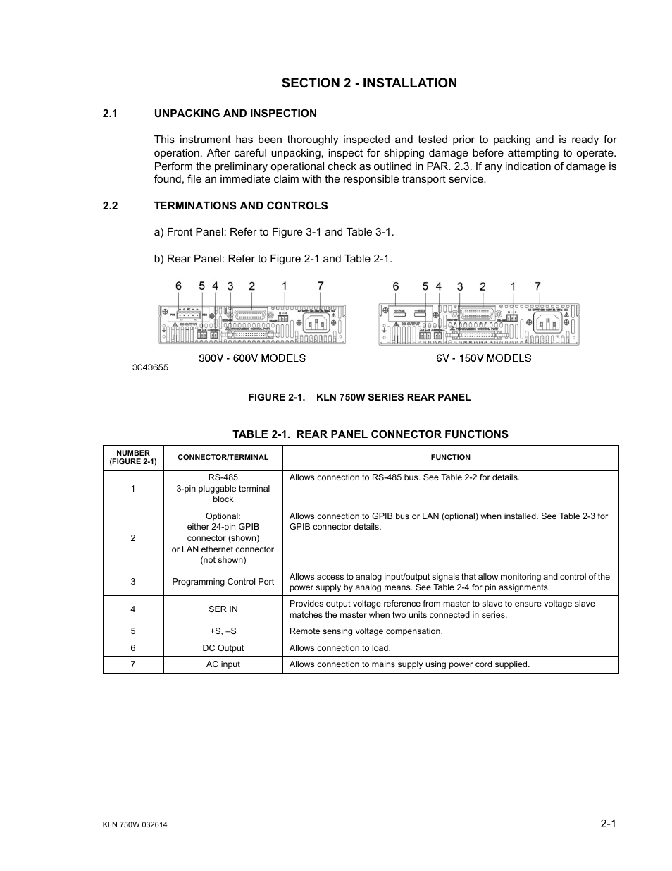 Section 2 - installation, 1 unpacking and inspection, 2 terminations and controls | Figure 2-1. kln 750w series rear panel, Table 2-1. rear panel connector functions, Unpacking and inspection -1, Terminations and controls -1, Kln 750w series rear panel -1, Rear panel connector functions -1 | KEPCO KLN 750W Series, Firmware Version 1.60 to 1.6x User Manual | Page 21 / 86