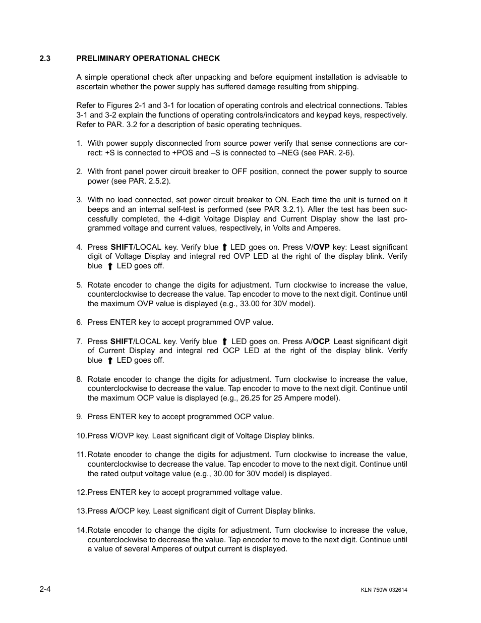 3 preliminary operational check, Preliminary operational check -4 | KEPCO KLN 750W Series, Firmware Version 1.60 to 1.6x User Manual | Page 24 / 86