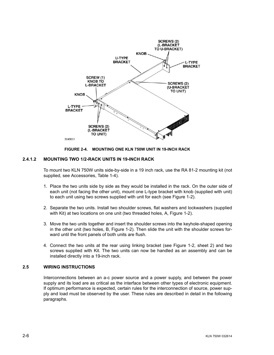2 mounting two 1/2-rack units in 19-inch rack, 5 wiring instructions, Mounting two 1/2-rack units in 19-inch rack -6 | Wiring instructions -6, Mounting one kln 750w unit in 19-inch rack -6 | KEPCO KLN 750W Series, Firmware Version 1.60 to 1.6x User Manual | Page 26 / 86
