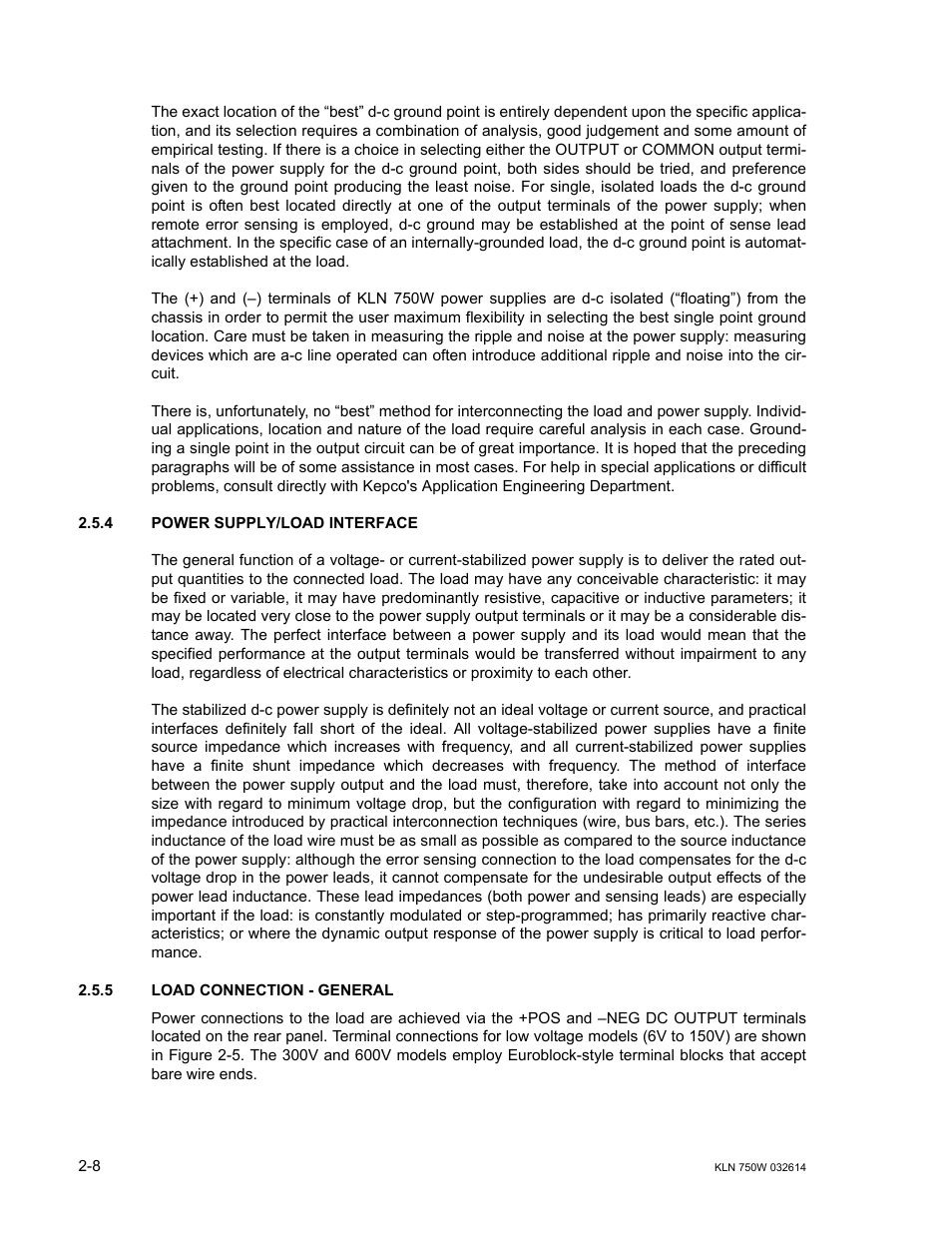4 power supply/load interface, 5 load connection - general, Power supply/load interface -8 | Load connection - general -8 | KEPCO KLN 750W Series, Firmware Version 1.60 to 1.6x User Manual | Page 28 / 86