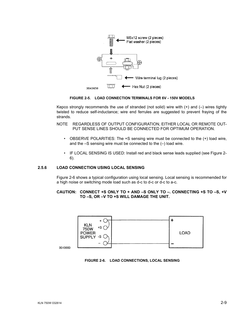 6 load connection using local sensing, Figure 2-6. load connections, local sensing, Load connection using local sensing -9 | Load connection terminals for 6v - 150v models -9, Load connections, local sensing -9, R. 2-6) | KEPCO KLN 750W Series, Firmware Version 1.60 to 1.6x User Manual | Page 29 / 86