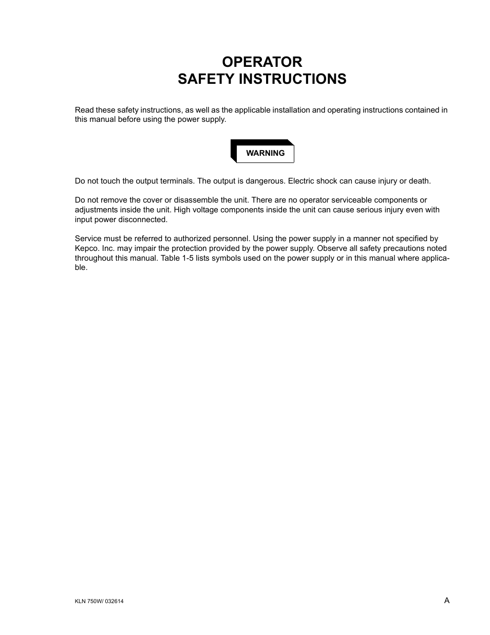Operator safety instructions | KEPCO KLN 750W Series, Firmware Version 1.60 to 1.6x User Manual | Page 3 / 86