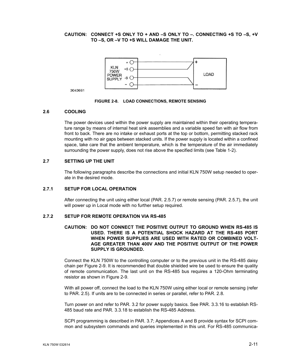 Figure 2-8. load connections, remote sensing, 6 cooling, 7 setting up the unit | 1 setup for local operation, 2 setup for remote operation via rs-485, Cooling -11, Setting up the unit -11, Setup for local operation -11, Setup for remote operation via rs-485 -11, Load connections, remote sensing -11 | KEPCO KLN 750W Series, Firmware Version 1.60 to 1.6x User Manual | Page 31 / 86