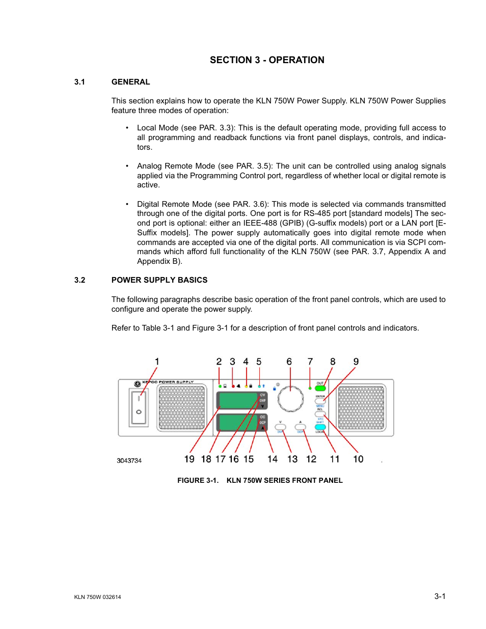 Section 3 - operation, 1 general, 2 power supply basics | Figure 3-1. kln 750w series front panel, General -1, Power supply basics -1, Kln 750w series front panel -1, 1 an, D 3-1, R. 3.2 fo | KEPCO KLN 750W Series, Firmware Version 1.60 to 1.6x User Manual | Page 37 / 86
