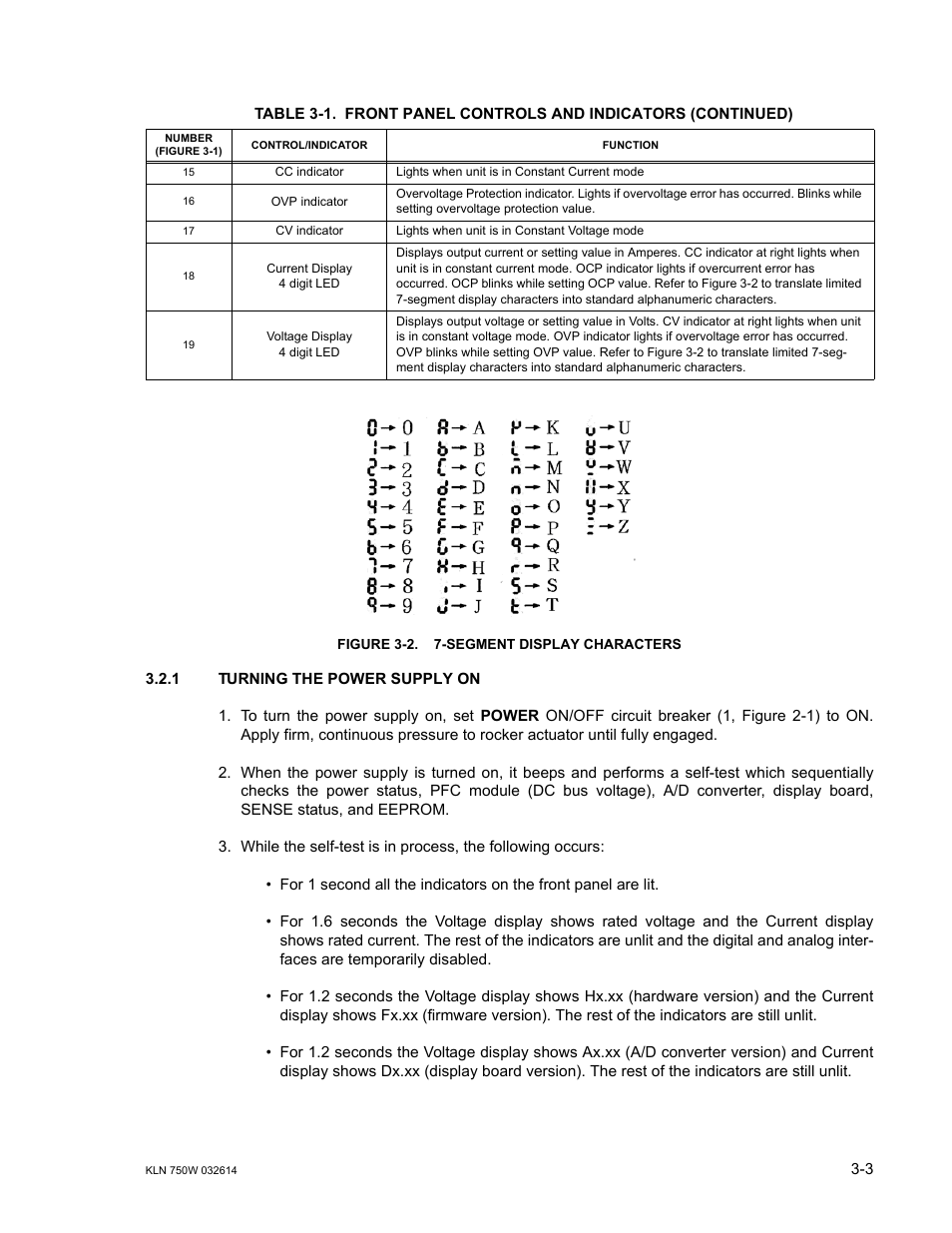 Figure 3-2. 7-segment display characters, 1 turning the power supply on, Turning the power supply on -3 | Segment display characters -3, R 3.2.1) | KEPCO KLN 750W Series, Firmware Version 1.60 to 1.6x User Manual | Page 39 / 86