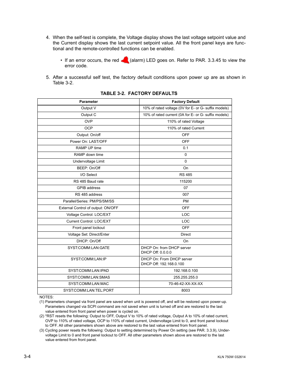 Table 3-2. factory defaults, Factory defaults -4 | KEPCO KLN 750W Series, Firmware Version 1.60 to 1.6x User Manual | Page 40 / 86