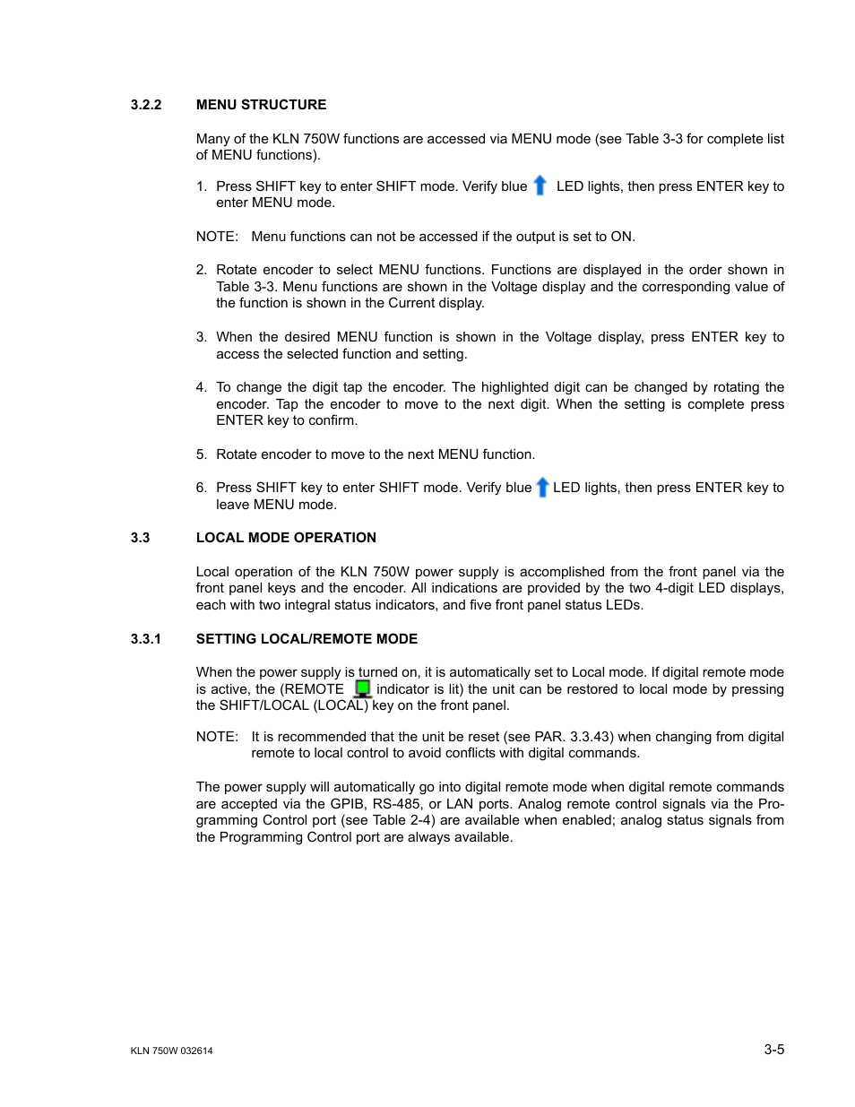 2 menu structure, 3 local mode operation, 1 setting local/remote mode | Menu structure -5, Local mode operation -5, Setting local/remote mode -5 | KEPCO KLN 750W Series, Firmware Version 1.60 to 1.6x User Manual | Page 41 / 86
