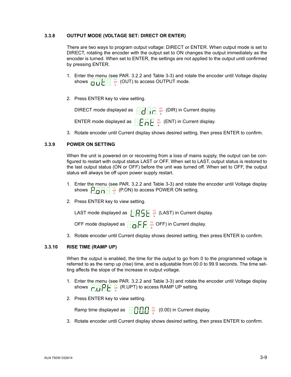 8 output mode (voltage set: direct or enter), 9 power on setting, 10 rise time (ramp up) | Output mode (voltage set: direct or enter) -9, Power on setting -9, Rise time (ramp up) -9, 9 to configure w, Ar. 3.3.8, R. 3.3.9, R. 3.3.10 | KEPCO KLN 750W Series, Firmware Version 1.60 to 1.6x User Manual | Page 45 / 86