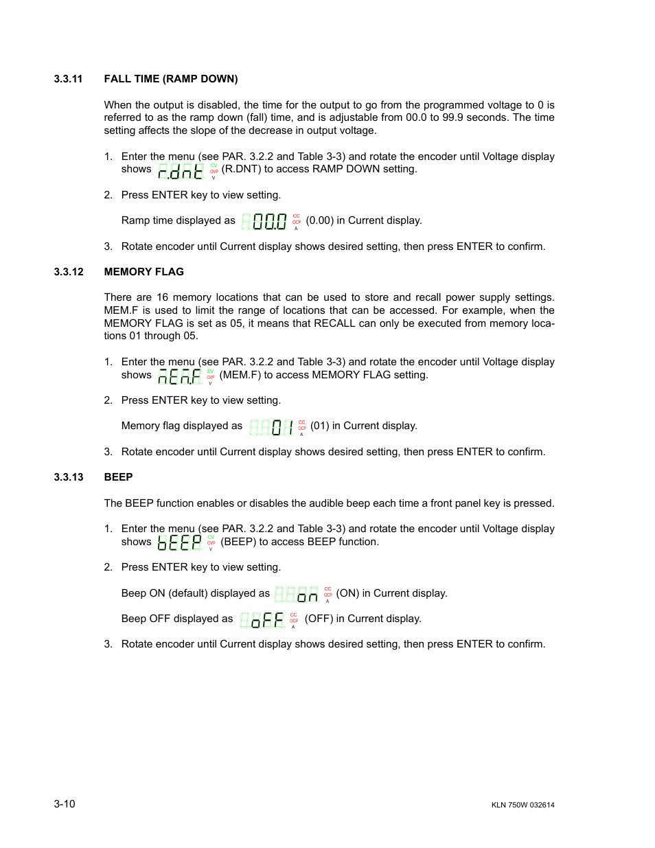 11 fall time (ramp down), 12 memory flag, 13 beep | Fall time (ramp down) -10, Memory flag -10, Beep -10, R. 3.3.11, R. 3.3.12, R. 3.3.13, R. 3.3.12) | KEPCO KLN 750W Series, Firmware Version 1.60 to 1.6x User Manual | Page 46 / 86