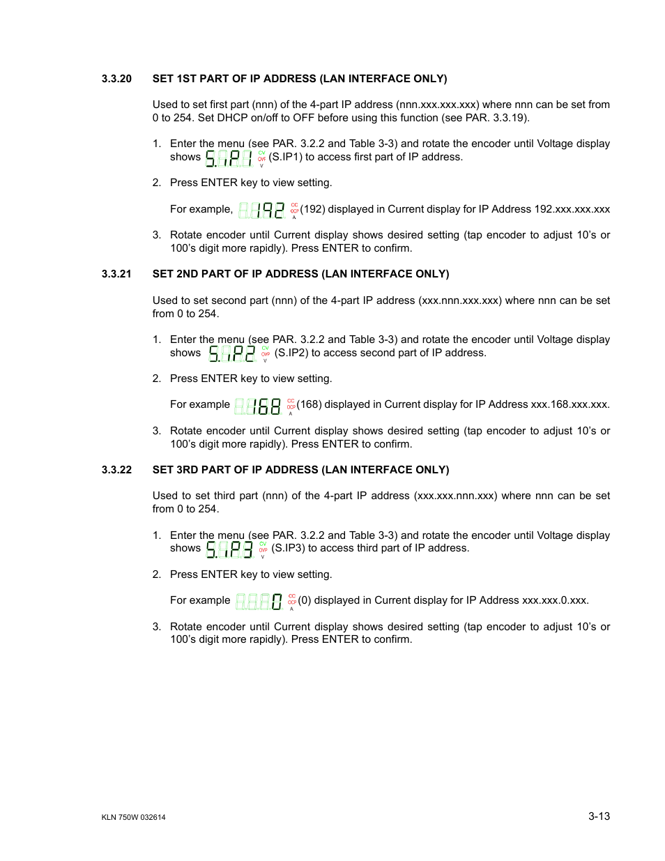 20 set 1st part of ip address (lan interface only), 21 set 2nd part of ip address (lan interface only), 22 set 3rd part of ip address (lan interface only) | Ar. 3.3.20, Ar. 3.3.21, Ar. 3.3.22 | KEPCO KLN 750W Series, Firmware Version 1.60 to 1.6x User Manual | Page 49 / 86