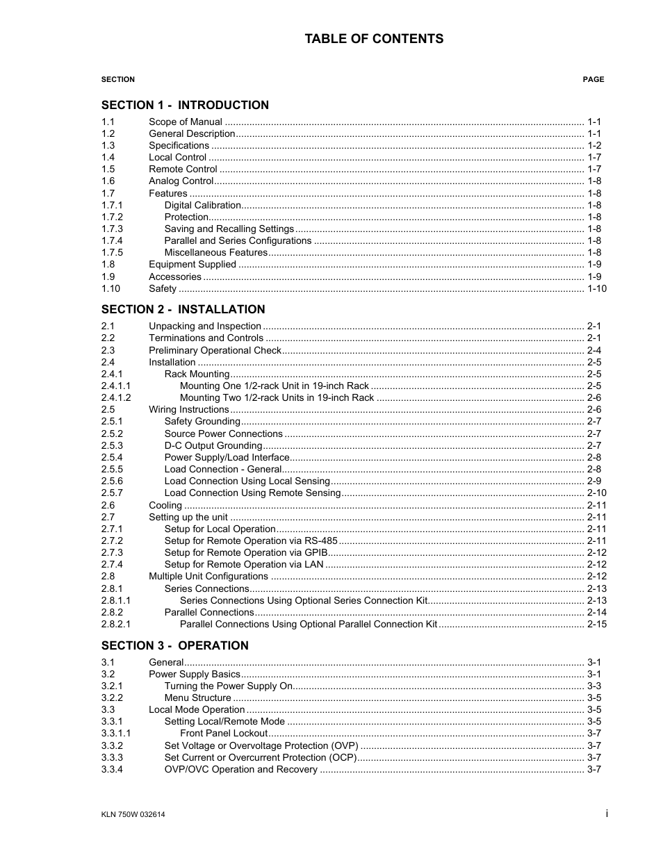 KEPCO KLN 750W Series, Firmware Version 1.60 to 1.6x User Manual | Page 5 / 86