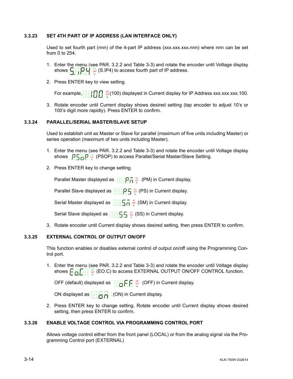 23 set 4th part of ip address (lan interface only), 24 parallel/serial master/slave setup, 25 external control of output on/off | Parallel/serial master/slave setup -14, External control of output on/off -14, R. 3.3.25 to, R. 3.3.26 to enab, Ar. 3.3.23, Ar. 3.3.24, Ar. 3.3.25 | KEPCO KLN 750W Series, Firmware Version 1.60 to 1.6x User Manual | Page 50 / 86