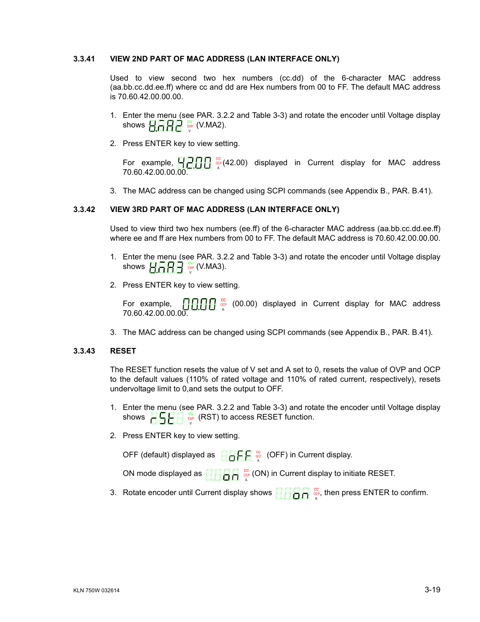 43 reset, Reset -19, R. 3.3.43) when | Ar. 3.3.41, Ar. 3.3.42, R. 3.3.43 | KEPCO KLN 750W Series, Firmware Version 1.60 to 1.6x User Manual | Page 55 / 86