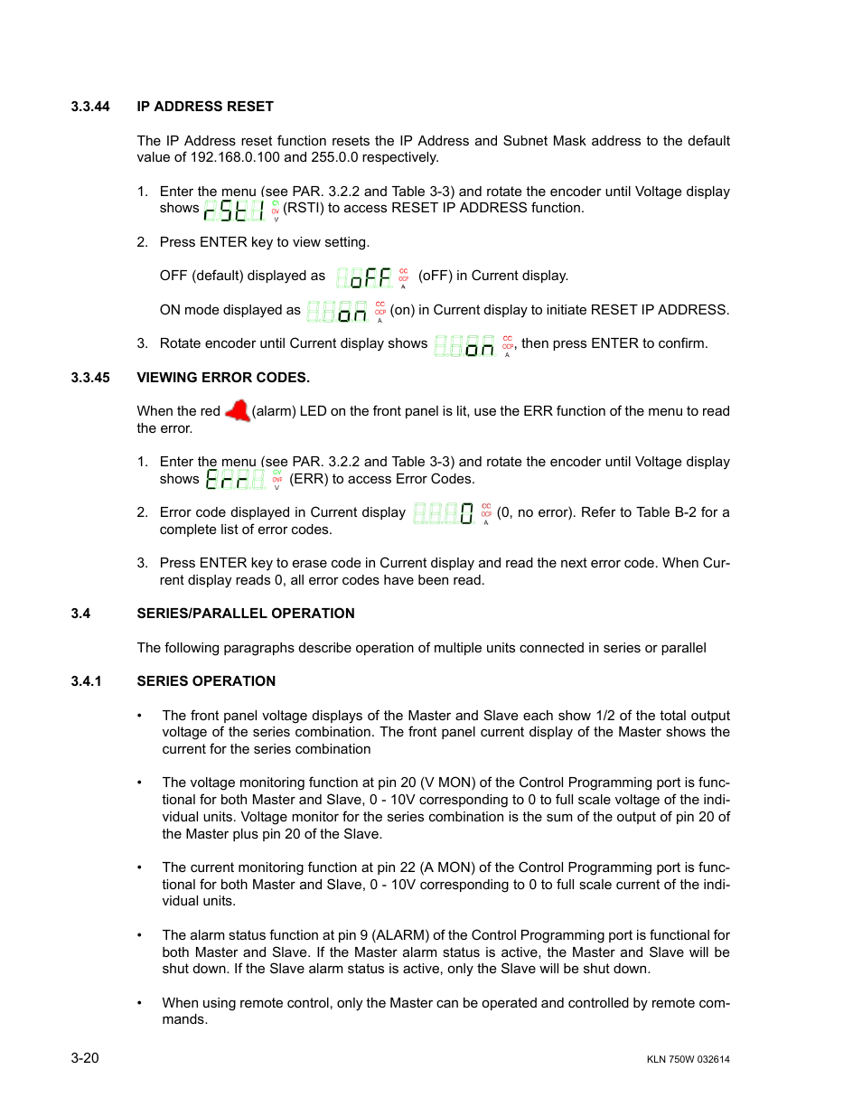 44 ip address reset, 45 viewing error codes, 4 series/parallel operation | 1 series operation, Ip address reset -20, Viewing error codes -20, Series/parallel operation -20, Series operation -20, R. 3.4.1, R. 3.3.45 | KEPCO KLN 750W Series, Firmware Version 1.60 to 1.6x User Manual | Page 56 / 86