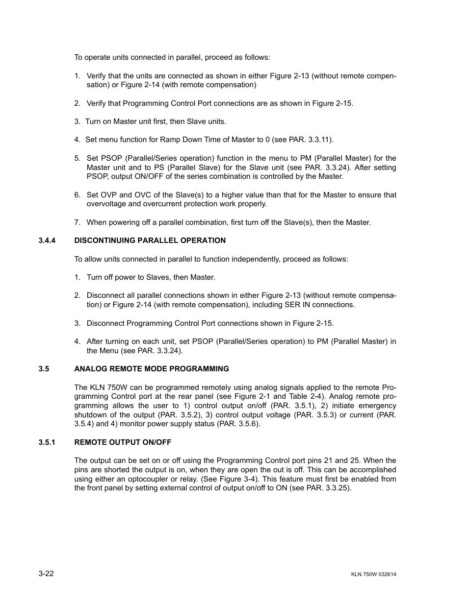 4 discontinuing parallel operation, 5 analog remote mode programming, 1 remote output on/off | Discontinuing parallel operation -22, Analog remote mode programming -22, Remote output on/off -22 | KEPCO KLN 750W Series, Firmware Version 1.60 to 1.6x User Manual | Page 58 / 86