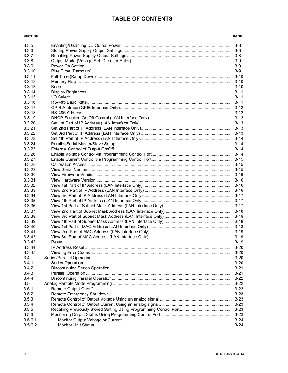 KEPCO KLN 750W Series, Firmware Version 1.60 to 1.6x User Manual | Page 6 / 86