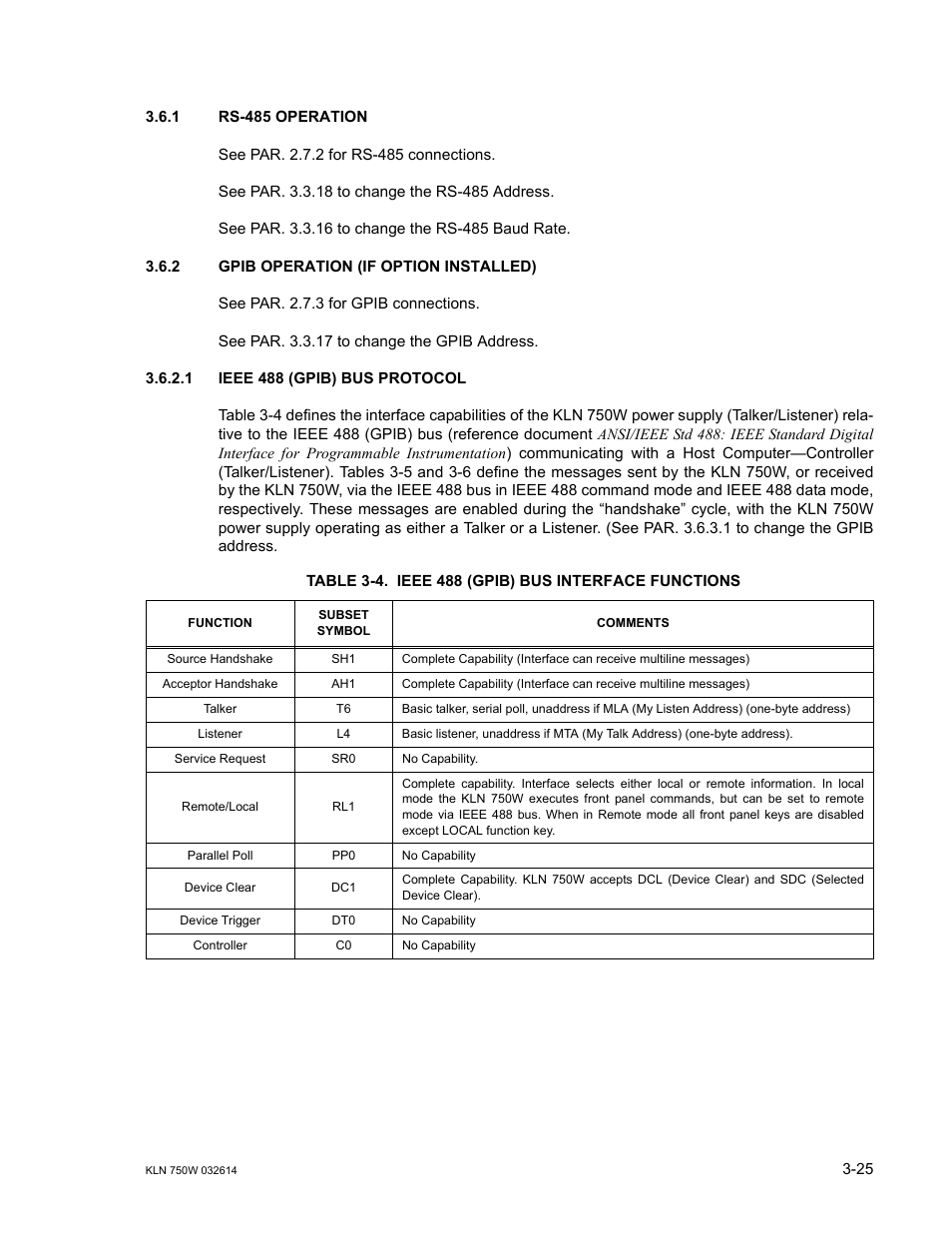 1 rs-485 operation, 2 gpib operation (if option installed), 1 ieee 488 (gpib) bus protocol | Table 3-4. ieee 488 (gpib) bus interface functions, Rs-485 operation -25, Gpib operation (if option installed) -25, Ieee 488 (gpib) bus protocol -25, Ieee 488 (gpib) bus interface functions -25 | KEPCO KLN 750W Series, Firmware Version 1.60 to 1.6x User Manual | Page 61 / 86