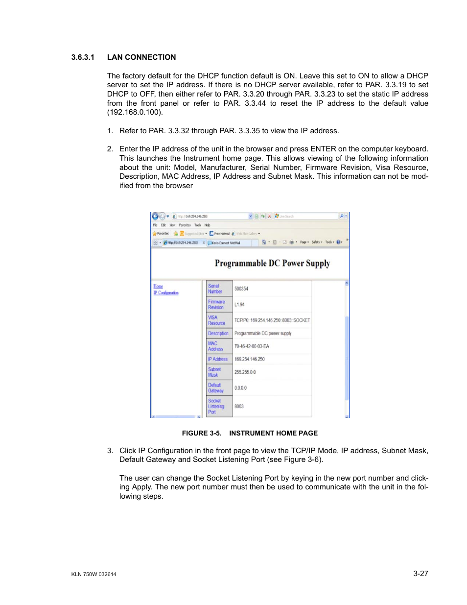 1 lan connection, Lan connection -27, Ar. 3.6.3.1) | R. 3.6.3.1 to ch | KEPCO KLN 750W Series, Firmware Version 1.60 to 1.6x User Manual | Page 63 / 86