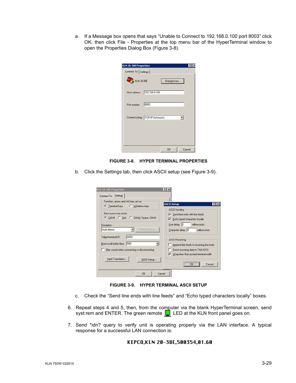 Figure 3-8. hyper terminal properties, Figure 3-9. hyper terminal ascii setup, Hyper terminal properties -29 | Hyper terminal ascii setup -29 | KEPCO KLN 750W Series, Firmware Version 1.60 to 1.6x User Manual | Page 65 / 86