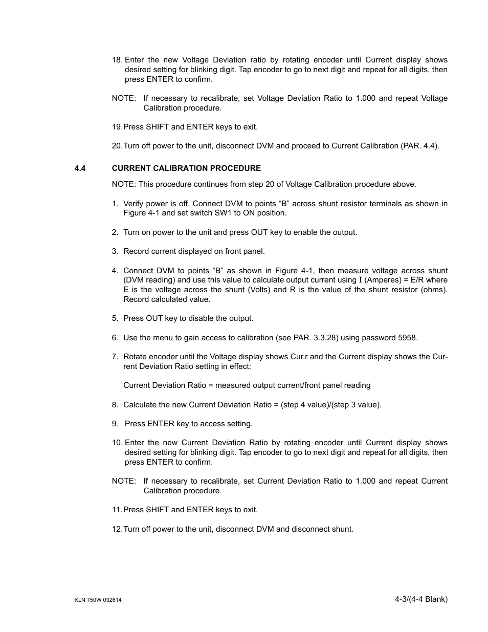 4 current calibration procedure, Current calibration procedure -3 | KEPCO KLN 750W Series, Firmware Version 1.60 to 1.6x User Manual | Page 71 / 86