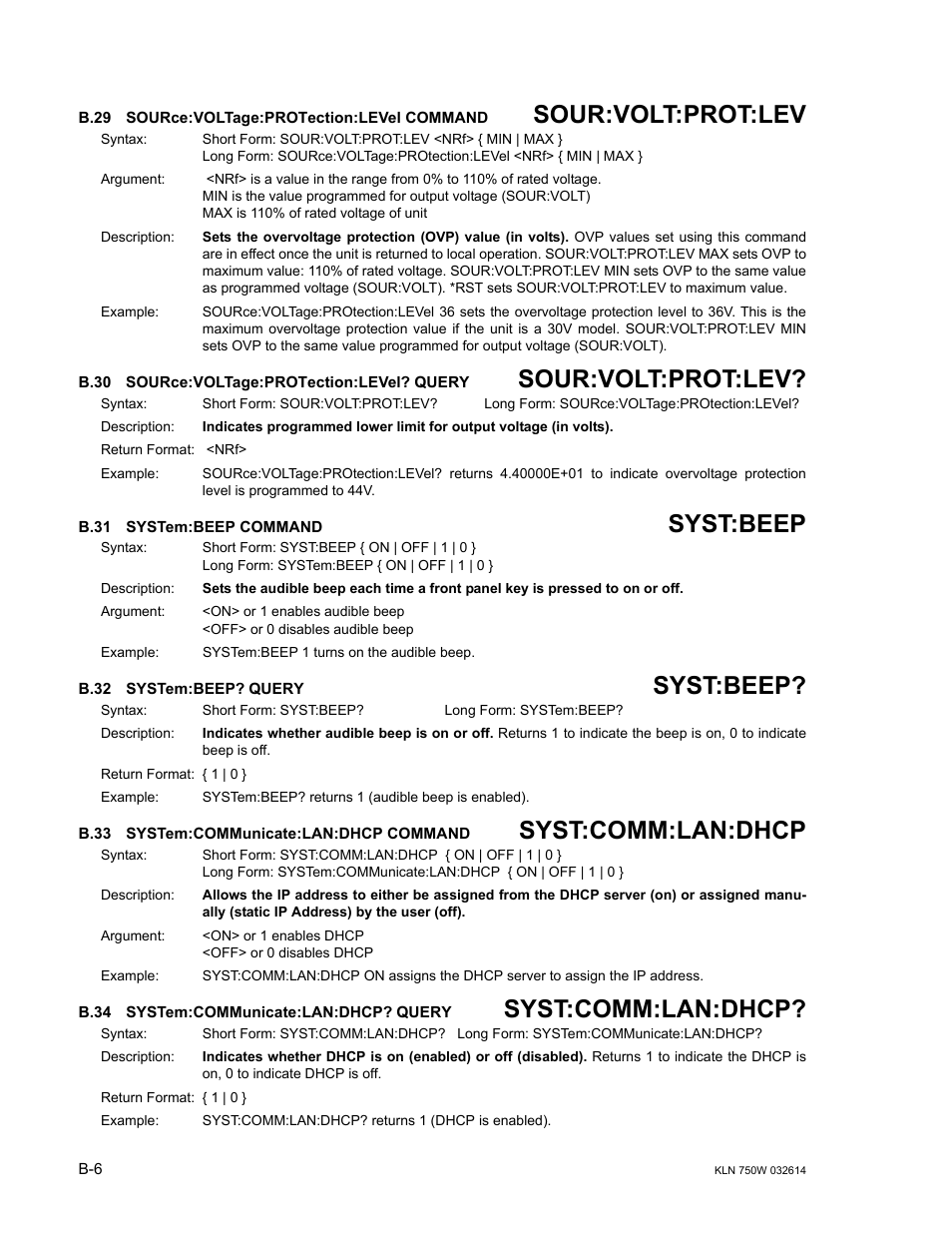 B.29 source:voltage:protection:level command, B.30 source:voltage:protection:level? query, B.31 system:beep command | B.32 system:beep? query, B.33 system:communicate:lan:dhcp command, B.34 system:communicate:lan:dhcp? query, B.29, Sour, B.30, B.31 | KEPCO KLN 750W Series, Firmware Version 1.60 to 1.6x User Manual | Page 80 / 86