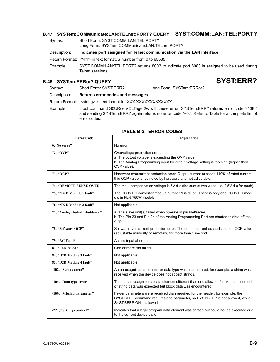B.47 system:communicate:lan:telnet:port? query, B.48 system:error? query, Table b-2. error codes | B.47, Syst, B.48, Able b-2, Syst:err, Syst:comm:lan:tel:port | KEPCO KLN 750W Series, Firmware Version 1.60 to 1.6x User Manual | Page 83 / 86