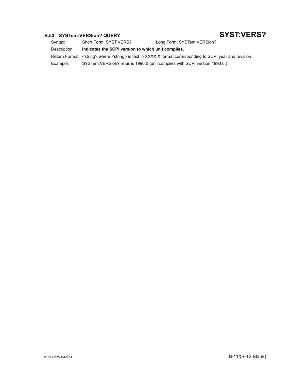 B.53 system:version? query, B.53, Syst | Syst:vers | KEPCO KLN 750W Series, Firmware Version 1.60 to 1.6x User Manual | Page 85 / 86
