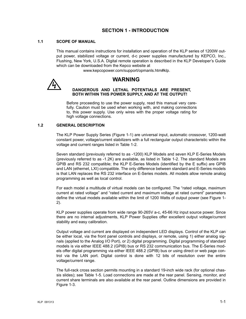 Section 1 - introduction, 1 scope of manual, 2 general description | Scope of manual -1, General description -1, Warning | KEPCO KLP Series User Manual, Rev 4 User Manual | Page 13 / 94