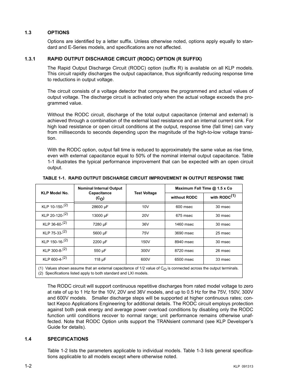 3 options, 4 specifications, Options -2 | Specifications -2 | KEPCO KLP Series User Manual, Rev 4 User Manual | Page 14 / 94