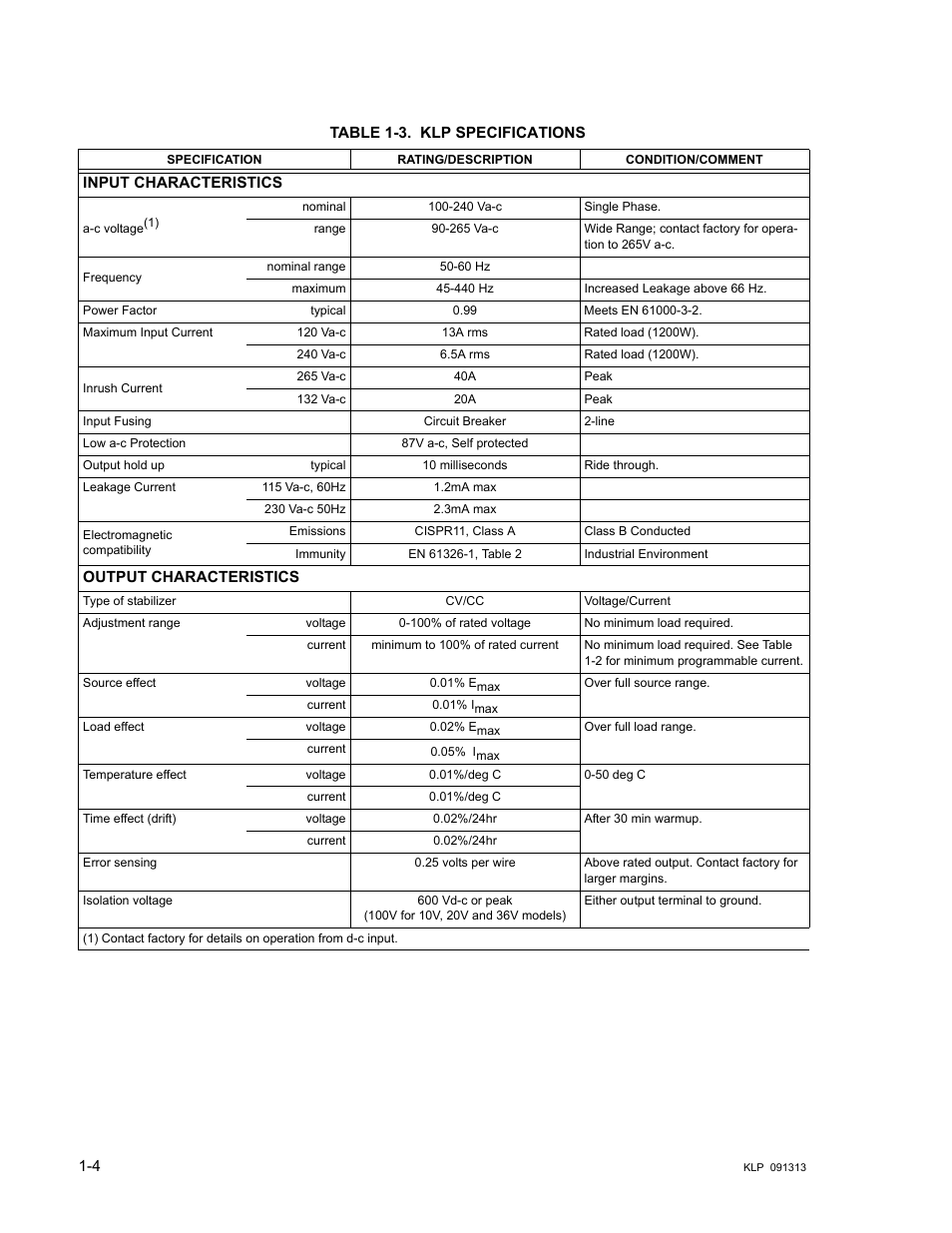 Table 1-3. klp specifications, Klp specifications -4 | KEPCO KLP Series User Manual, Rev 4 User Manual | Page 16 / 94