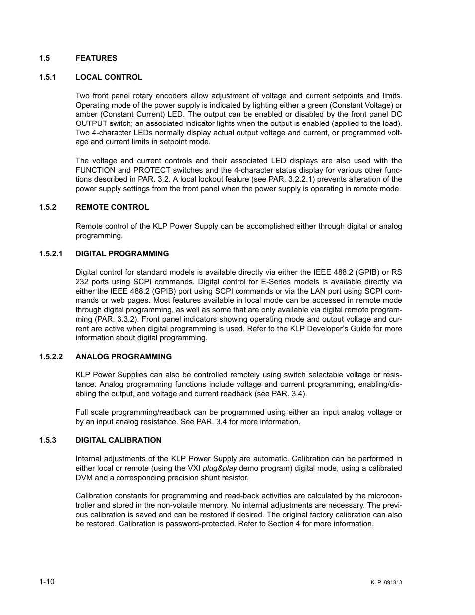 5 features, 1 local control, 2 remote control | 1 digital programming, 2 analog programming, 3 digital calibration, Features -10, Local control -10, Remote control -10, Digital programming -10 | KEPCO KLP Series User Manual, Rev 4 User Manual | Page 22 / 94