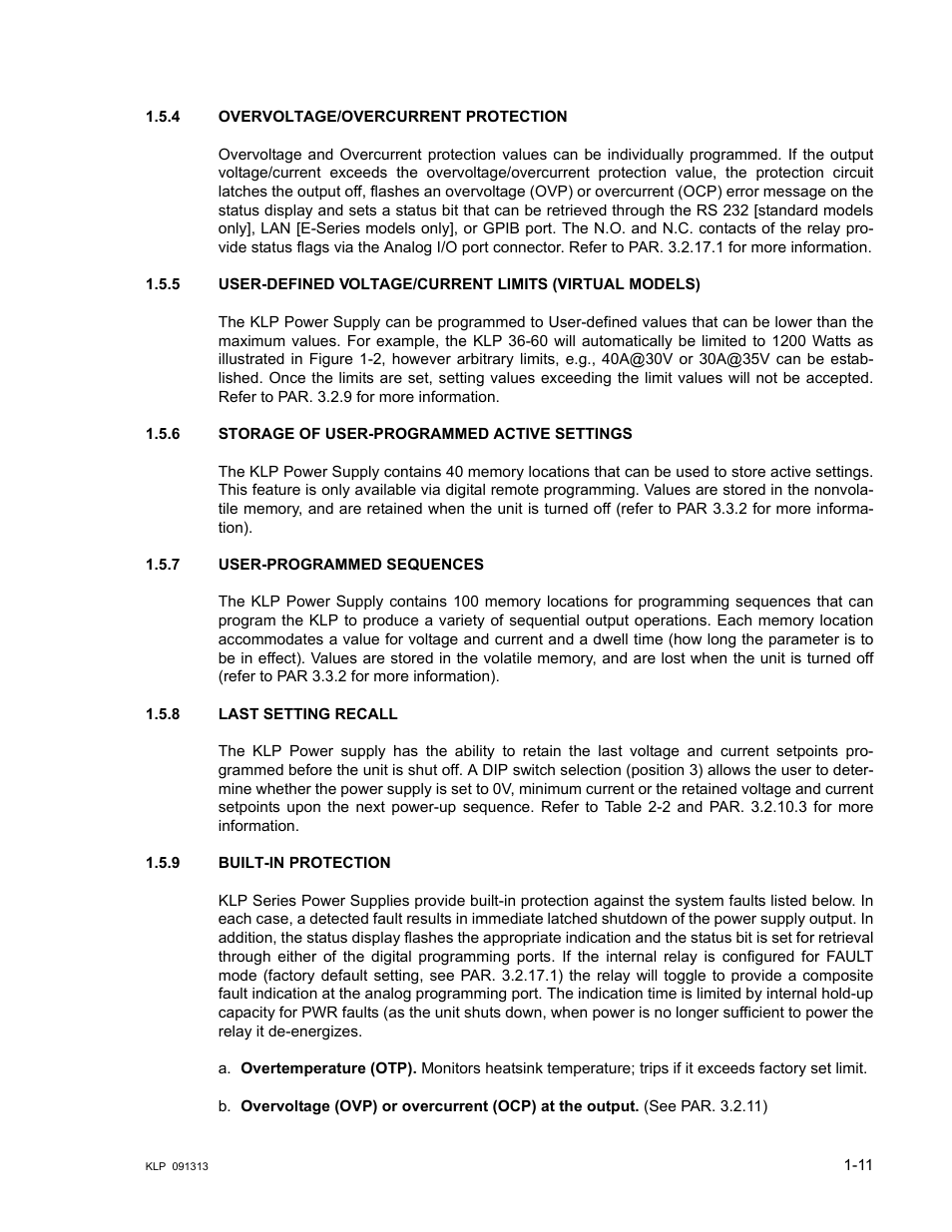 4 overvoltage/overcurrent protection, 6 storage of user-programmed active settings, 7 user-programmed sequences | 8 last setting recall, 9 built-in protection, Overvoltage/overcurrent protection -11, Storage of user-programmed active settings -11, User-programmed sequences -11, Last setting recall -11, Built-in protection -11 | KEPCO KLP Series User Manual, Rev 4 User Manual | Page 23 / 94