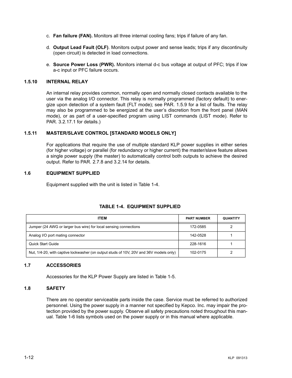 10 internal relay, 11 master/slave control [standard models only, 6 equipment supplied | Table 1-4. equipment supplied, 7 accessories, 8 safety, Internal relay -12, Master/slave control [standard models only] -12, Equipment supplied -12, Accessories -12 | KEPCO KLP Series User Manual, Rev 4 User Manual | Page 24 / 94