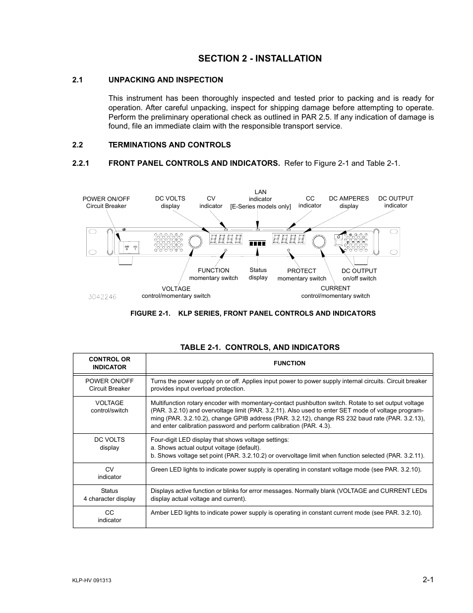 Section 2 - installation, 1 unpacking and inspection, 2 terminations and controls | 1 front panel controls and indicators, Table 2-1. controls, and indicators, Unpacking and inspection -1, Terminations and controls -1, Front panel controls and indicators -1, Klp series, front panel controls and indicators -1, Controls, and indicators -1 | KEPCO KLP Series User Manual, Rev 4 User Manual | Page 27 / 94