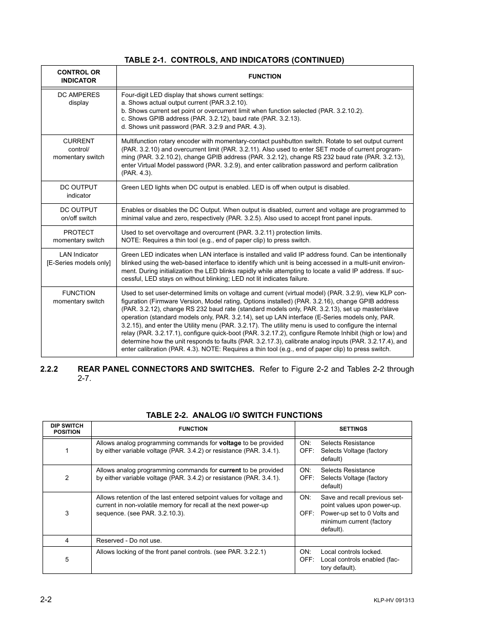 2 rear panel connectors and switches, Table 2-2. analog i/o switch functions, Rear panel connectors and switches -2 | Analog i/o switch functions -2 | KEPCO KLP Series User Manual, Rev 4 User Manual | Page 28 / 94