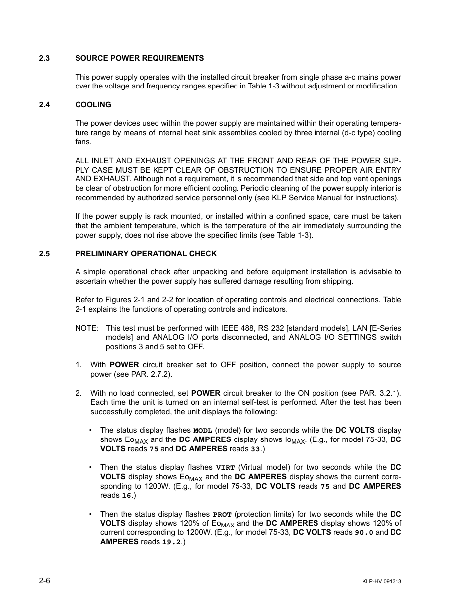 3 source power requirements, 4 cooling, 5 preliminary operational check | Source power requirements -6, Cooling -6, Preliminary operational check -6 | KEPCO KLP Series User Manual, Rev 4 User Manual | Page 32 / 94