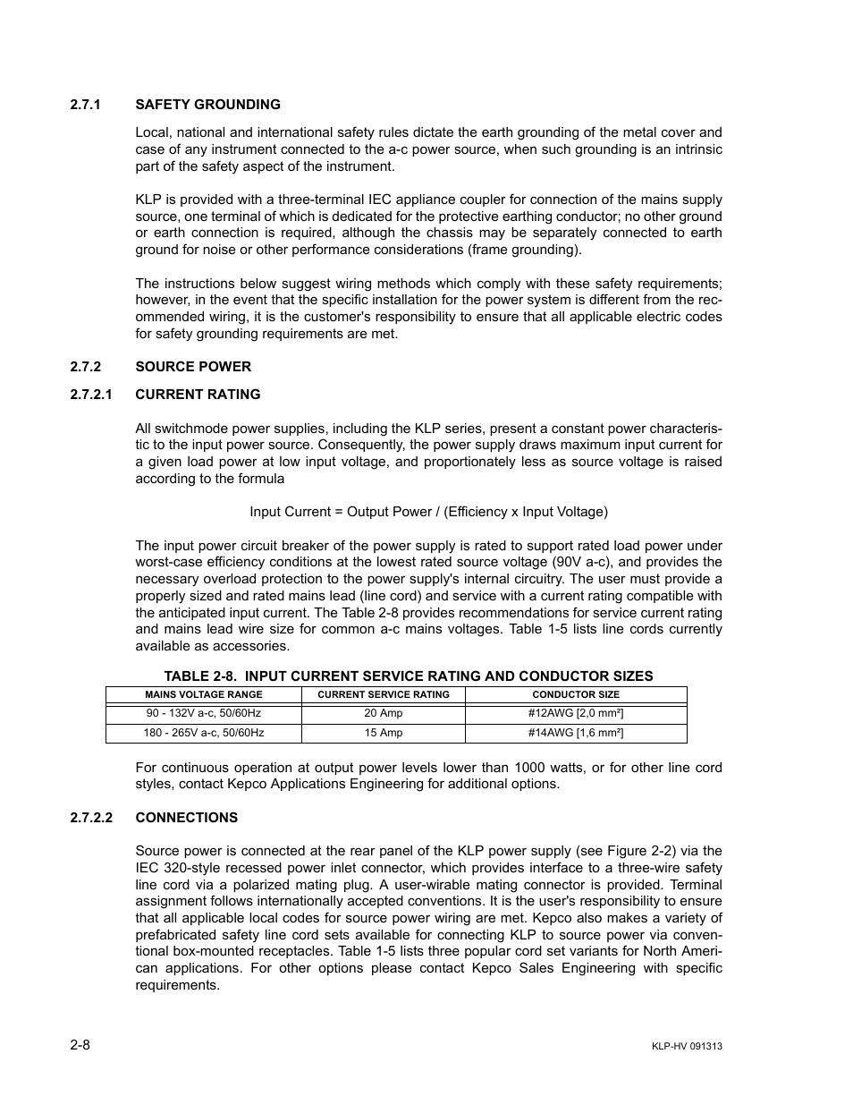 1 safety grounding, 2 source power, 1 current rating | 2 connections, Safety grounding -8, Source power -8, Current rating -8, Connections -8 | KEPCO KLP Series User Manual, Rev 4 User Manual | Page 34 / 94