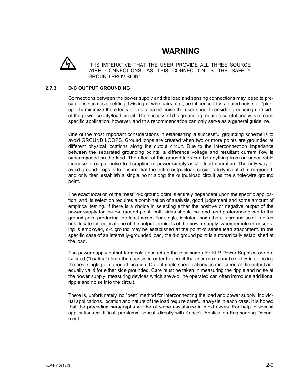 3 d-c output grounding, D-c output grounding -9, Warning | KEPCO KLP Series User Manual, Rev 4 User Manual | Page 35 / 94