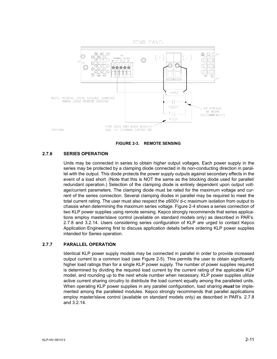 Figure 2-3. remote sensing, 6 series operation, 7 parallel operation | Series operation -11, Parallel operation -11, Remote sensing -11, E 2-3 | KEPCO KLP Series User Manual, Rev 4 User Manual | Page 37 / 94