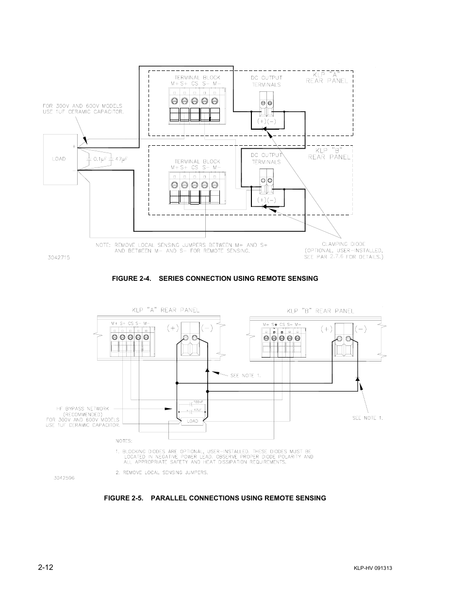 Figure 2-4. series connection using remote sensing, Series connection using remote sensing -12, Parallel connections using remote sensing -12 | KEPCO KLP Series User Manual, Rev 4 User Manual | Page 38 / 94