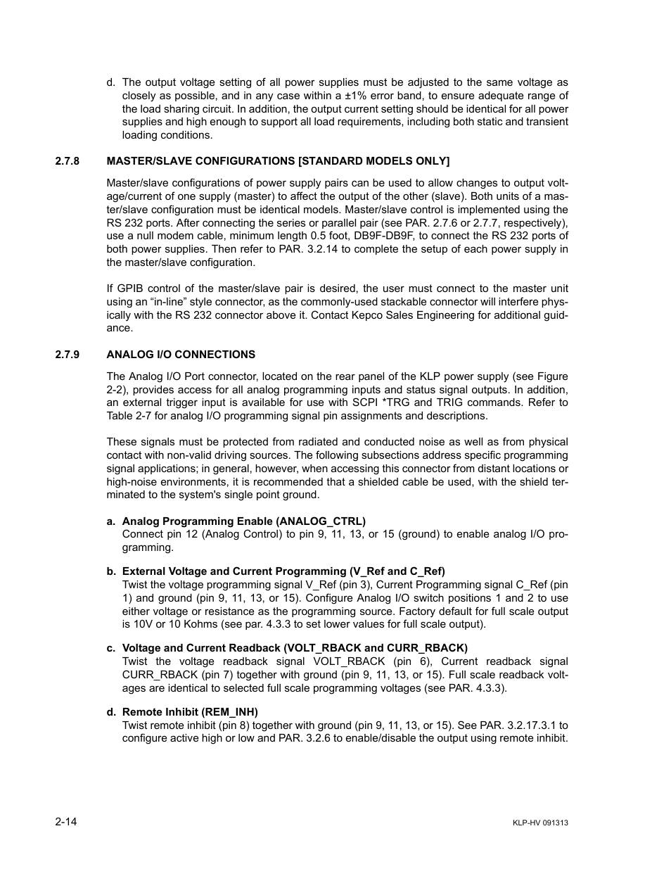 9 analog i/o connections, Analog i/o connections -14, 8 and | S. 2.7.8 | KEPCO KLP Series User Manual, Rev 4 User Manual | Page 40 / 94