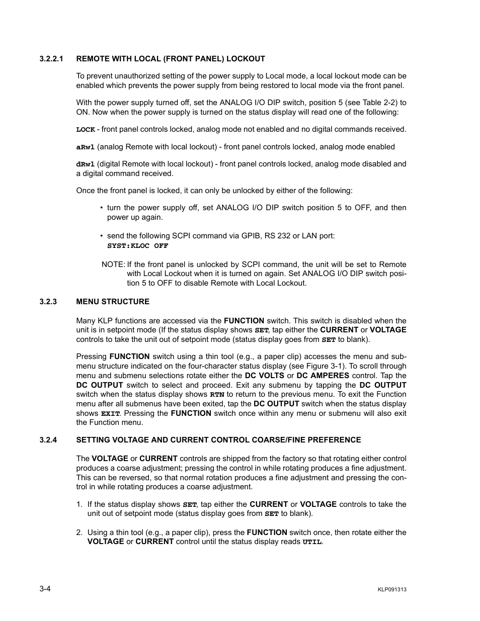 1 remote with local (front panel) lockout, 3 menu structure, Remote with local (front panel) lockout -4 | Menu structure -4, R. 3.2.2.1), R. 3.2.2.1 | KEPCO KLP Series User Manual, Rev 4 User Manual | Page 46 / 94