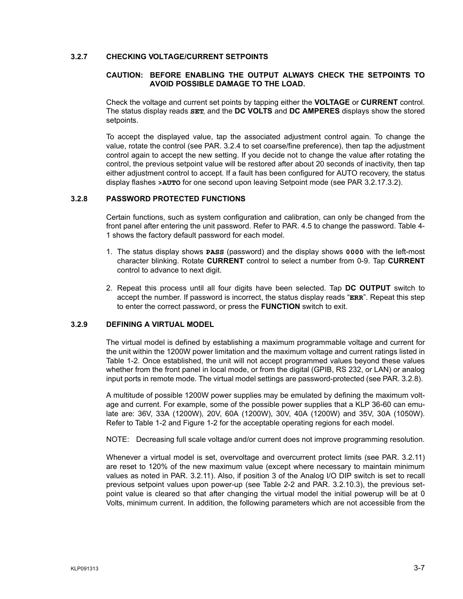 7 checking voltage/current setpoints, 8 password protected functions, 9 defining a virtual model | Checking voltage/current setpoints -7, Password protected functions -7, Defining a virtual model -7, Ar. 3.2.9 an, Ar. 3.2.9) | KEPCO KLP Series User Manual, Rev 4 User Manual | Page 49 / 94