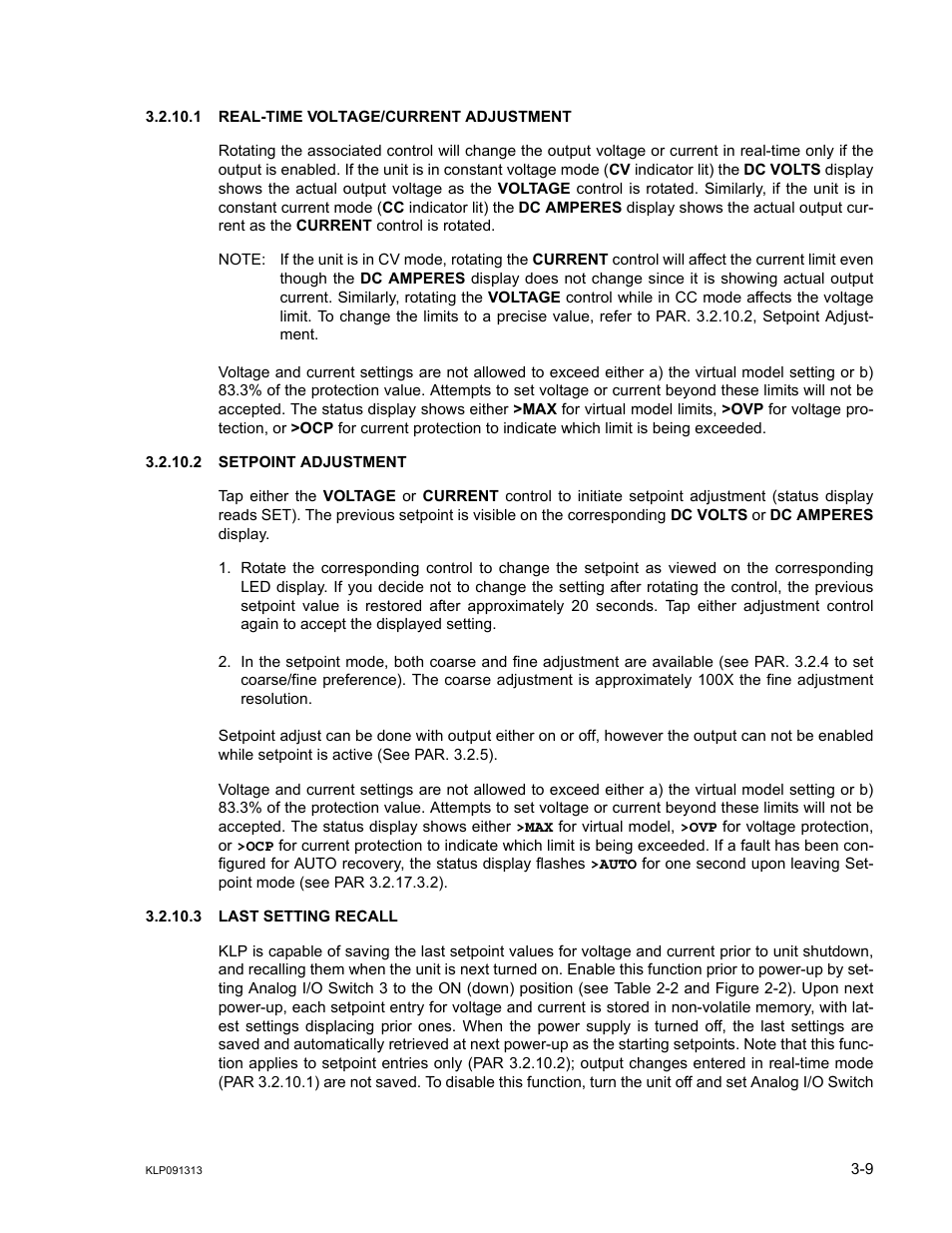 1 real-time voltage/current adjustment, 2 setpoint adjustment, 3 last setting recall | Real-time voltage/current adjustment -9, Setpoint adjustment -9, Last setting recall -9, Ar. 3.2.10.2), Ar. 3.2.10.2), change, R. 3.2.10.3), R. 3.2.10.2. t | KEPCO KLP Series User Manual, Rev 4 User Manual | Page 51 / 94