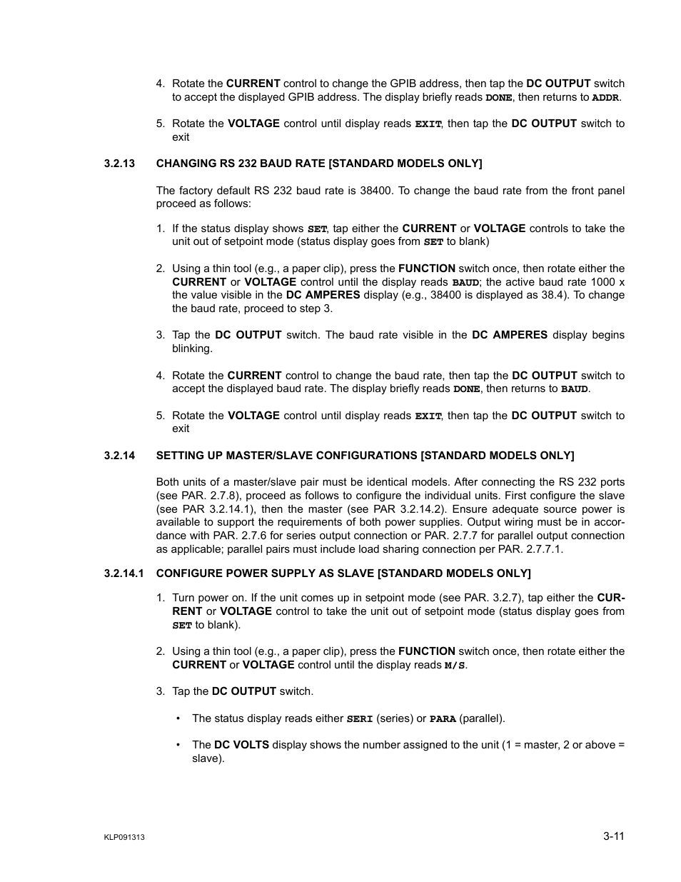 13 changing rs 232 baud rate [standard models only, Ar. 3.2.13), R. 3.2.14) | Nd 3.2.14, R. 3.2.14, R. 3.2.13 to ch, R 3.2.13 | KEPCO KLP Series User Manual, Rev 4 User Manual | Page 53 / 94