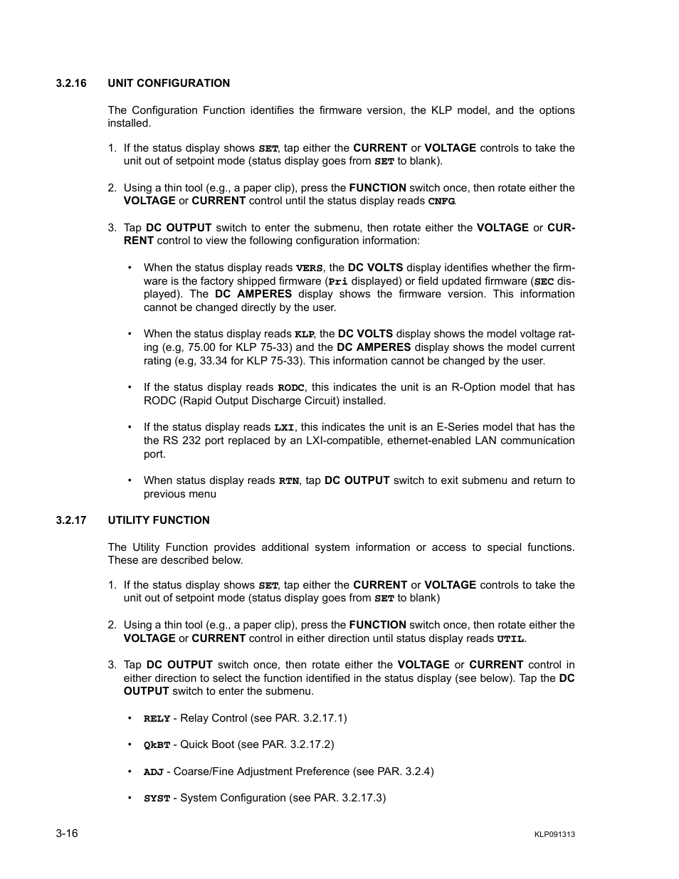 16 unit configuration, 17 utility function, Unit configuration -16 | Utility function -16, Ar. 3.2.17), Ar 3.2.16) | KEPCO KLP Series User Manual, Rev 4 User Manual | Page 58 / 94