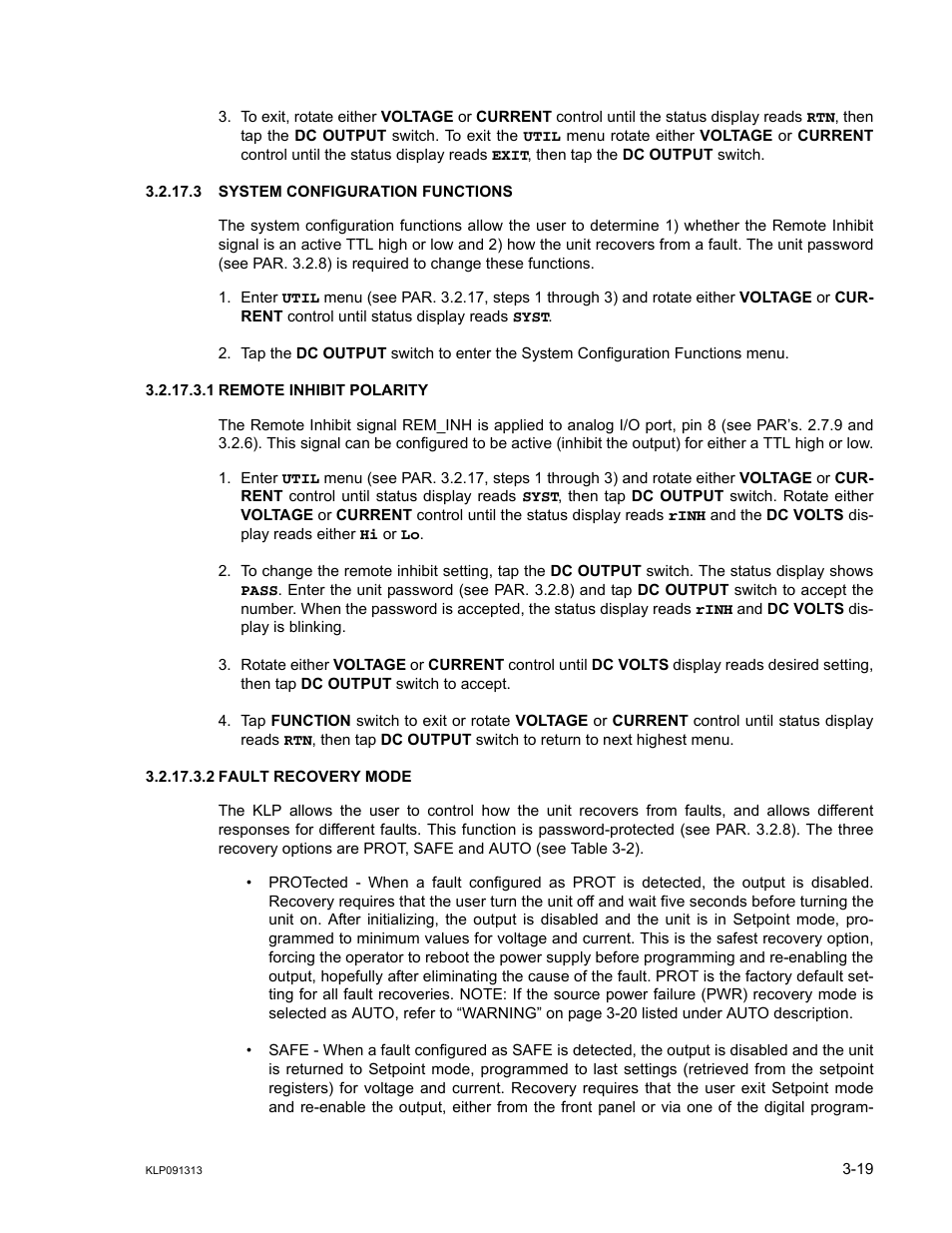 3 system configuration functions, 1 remote inhibit polarity, 2 fault recovery mode | System configuration functions -19, Remote inhibit polarity -19, Fault recovery mode -19, R. 3.2.17.3.1, Ar. 3.2.17.3), calibr, R. 3.2.17.3.2, R. 3.2.17.3.2) | KEPCO KLP Series User Manual, Rev 4 User Manual | Page 61 / 94