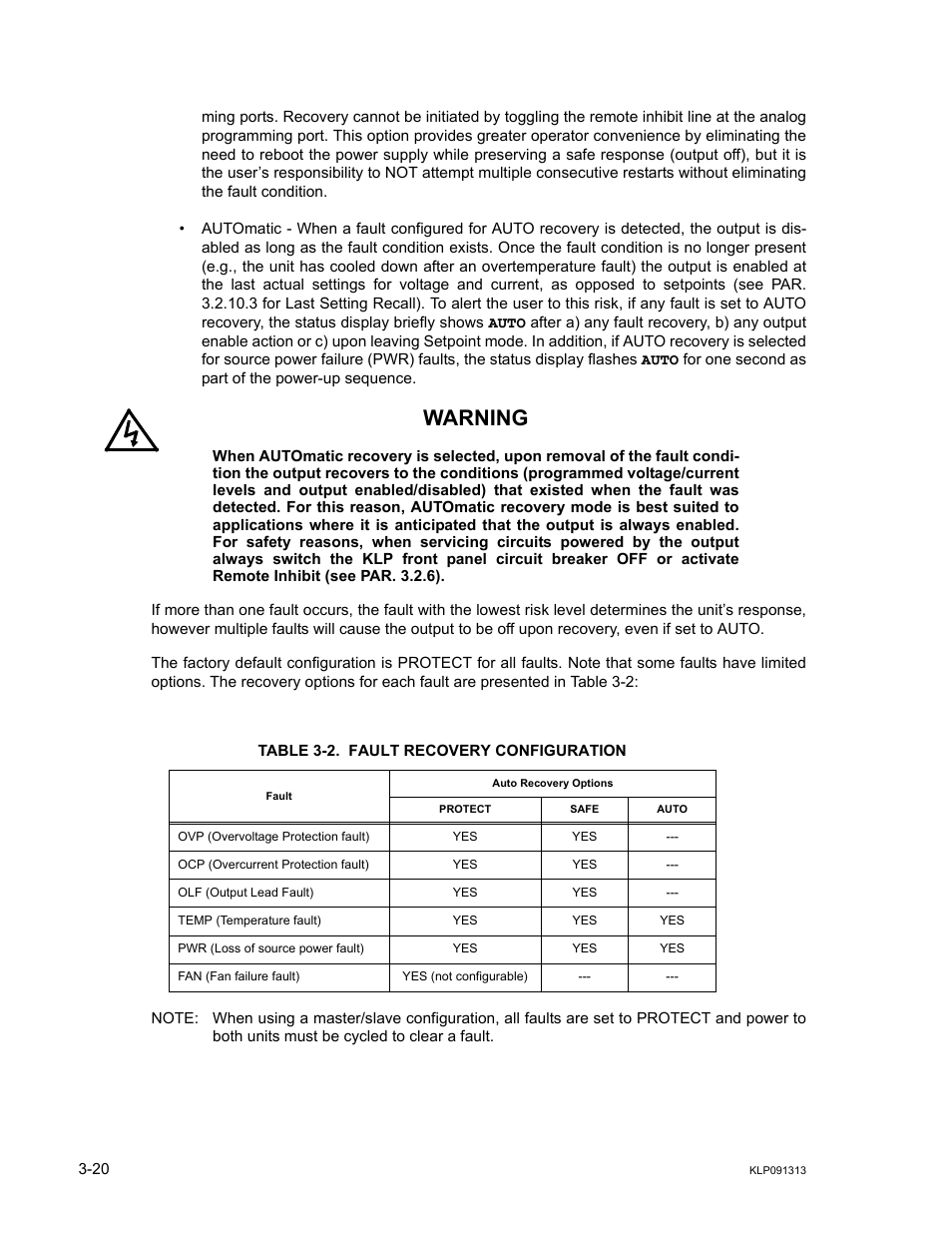 Table 3-2. fault recovery configuration, Fault recovery configuration -20, Warning | KEPCO KLP Series User Manual, Rev 4 User Manual | Page 62 / 94