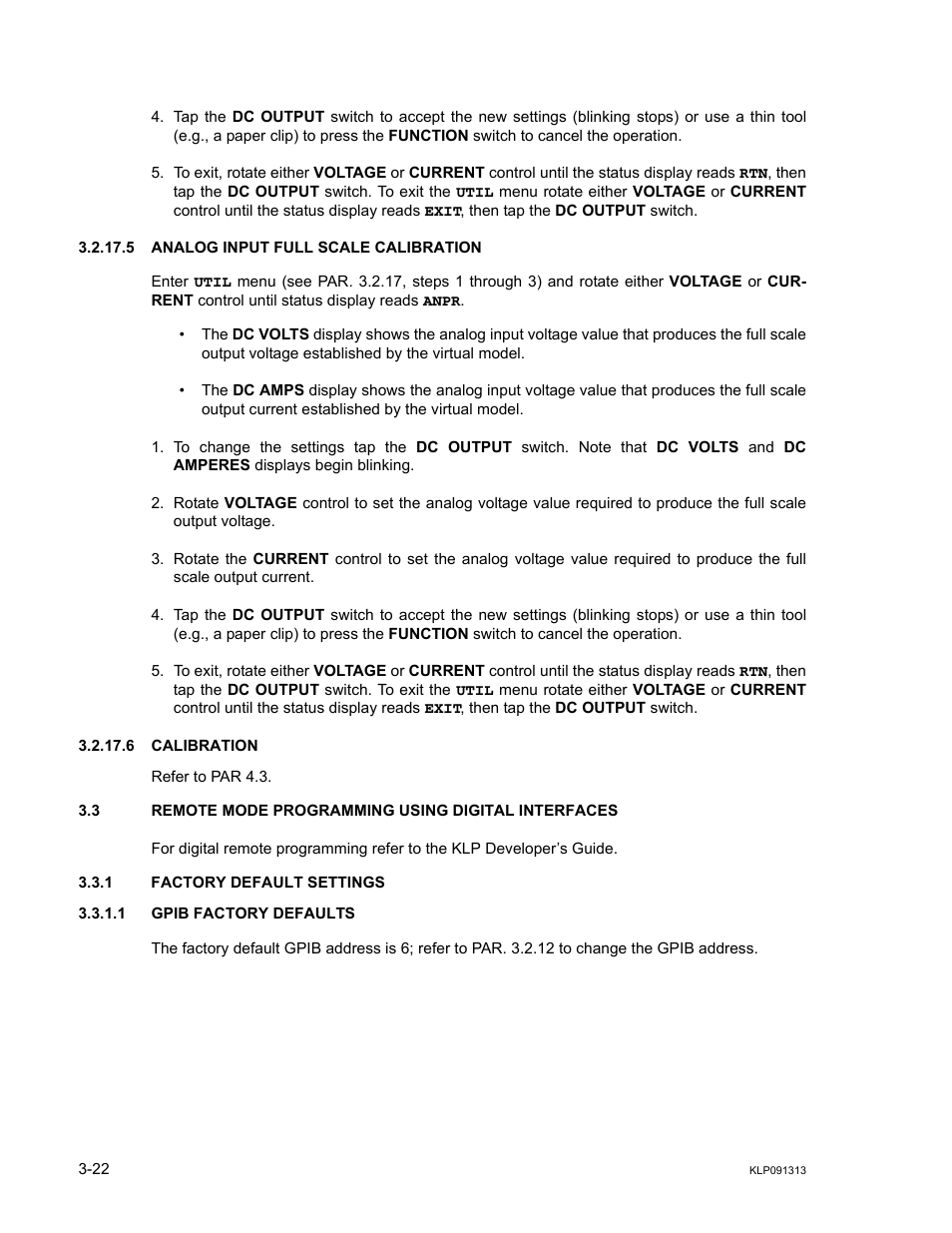 5 analog input full scale calibration, 6 calibration, 3 remote mode programming using digital interfaces | 1 factory default settings, 1 gpib factory defaults, Analog input full scale calibration -22, Calibration -22, Factory default settings -22, Gpib factory defaults -22, R. 3.2.17.5) | KEPCO KLP Series User Manual, Rev 4 User Manual | Page 64 / 94