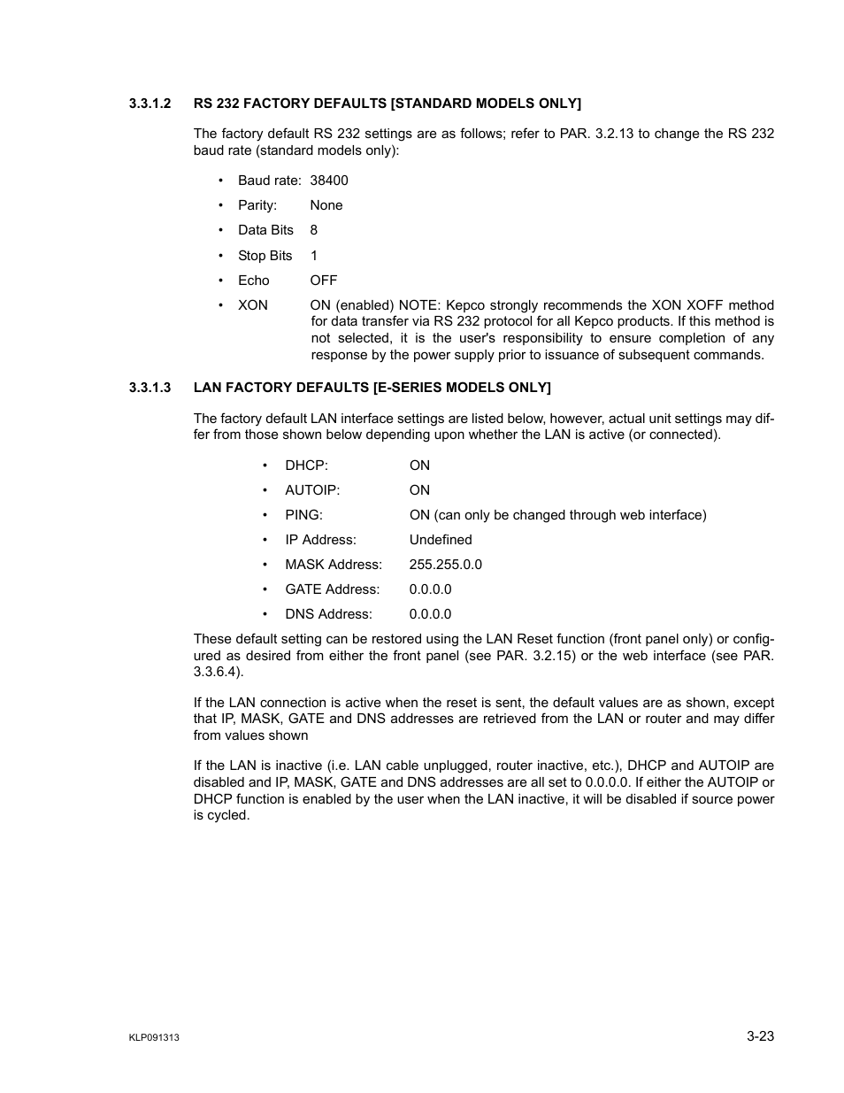 2 rs 232 factory defaults [standard models only, 3 lan factory defaults [e-series models only, Rs 232 factory defaults [standard models only] -23 | Lan factory defaults [e-series models only] -23, R. 3.3.1.3 | KEPCO KLP Series User Manual, Rev 4 User Manual | Page 65 / 94